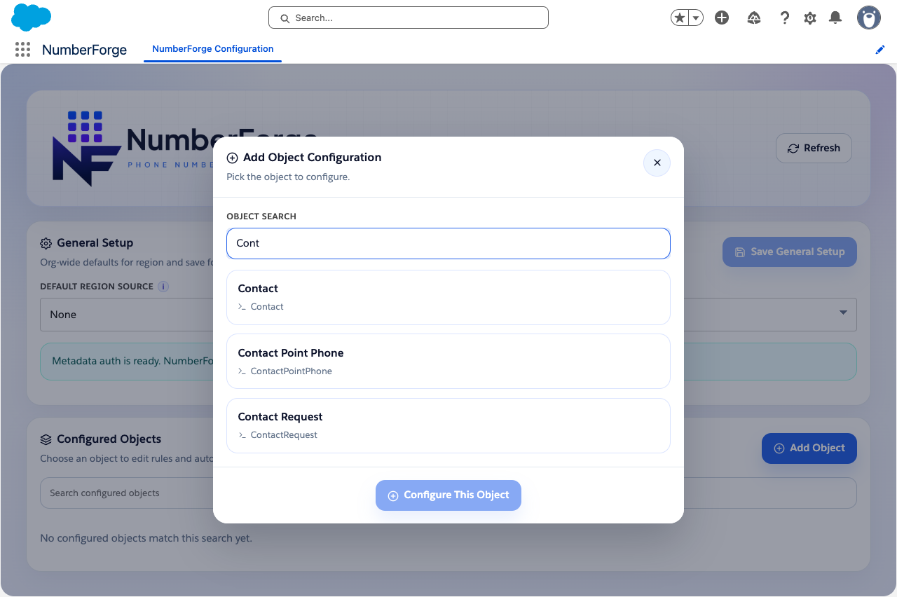 Add Object modal with Contact highlighted in search