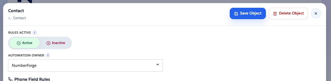 Contact object editor with Rules active, NumberForge automation owner, and Save Object