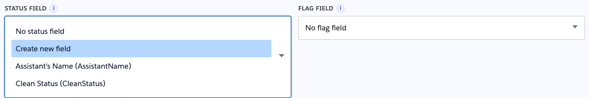Status field dropdown with Create new field highlighted