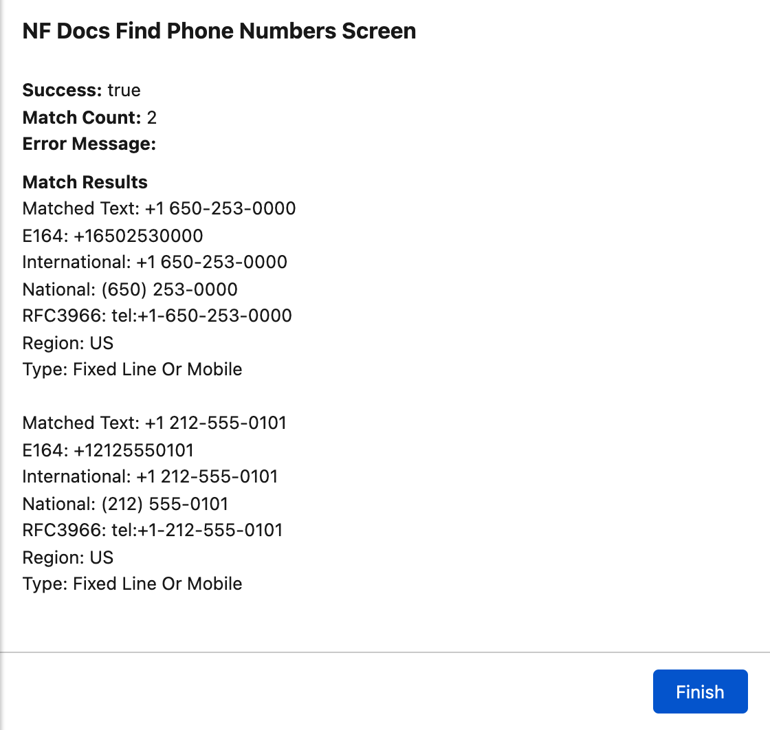 Screen flow showing NF Find Phone Numbers output values with two match results