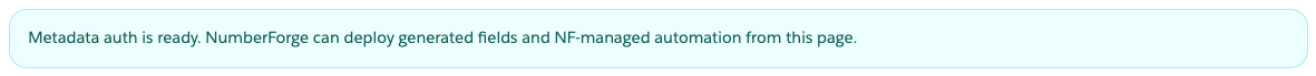 NumberForge Configuration banner showing metadata auth is ready