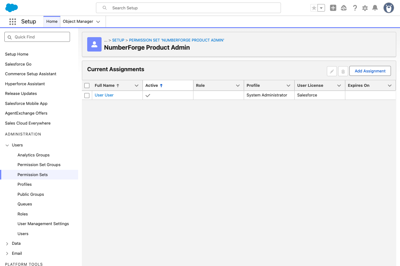 Manage Assignments for NumberForge Product Admin