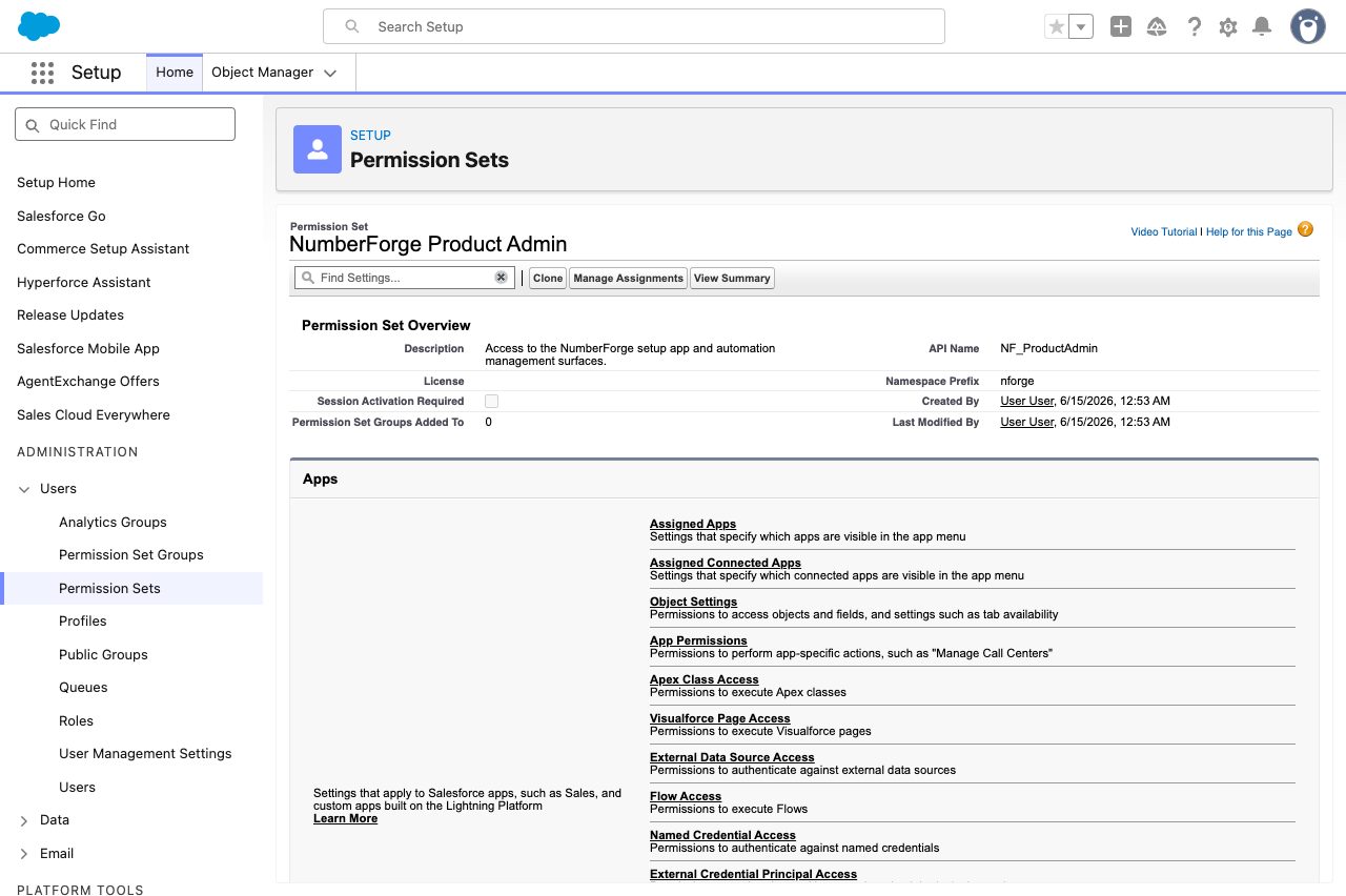 NumberForge Product Admin permission set detail in Setup