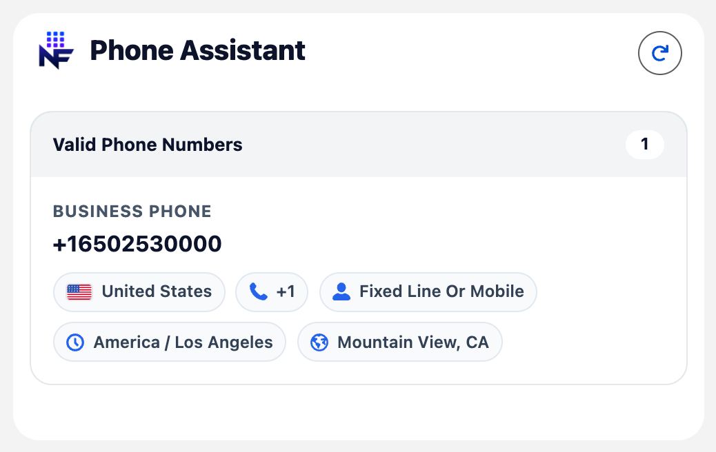 Phone Assistant card with carrier, time zone, and geocoding enrichment pills on a valid phone row