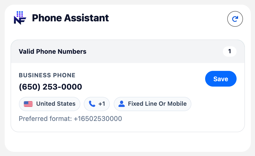 Phone Assistant card with Preferred format message and Save button on a valid phone row