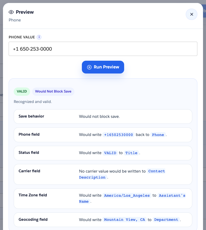 Preview modal for a valid US number showing carrier, time zone, and geocoding write targets