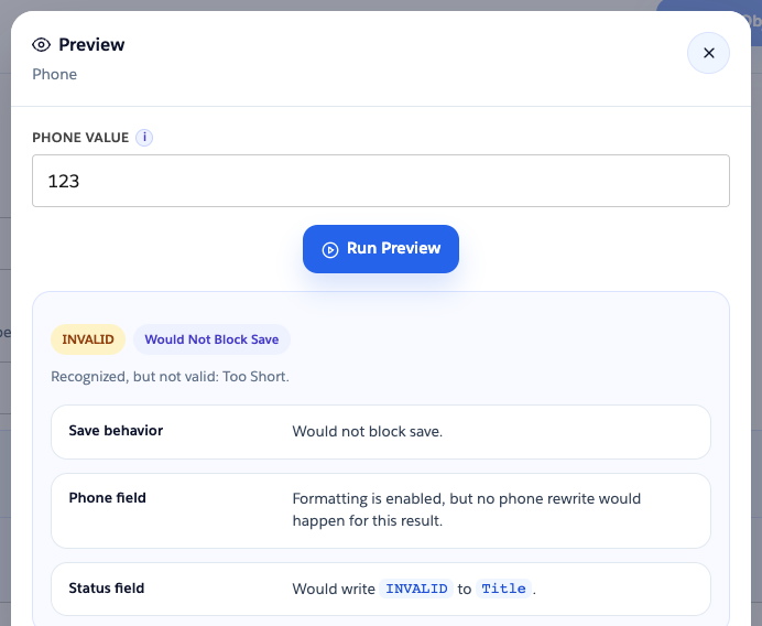 Preview modal showing INVALID with save behavior, no phone rewrite, and status field write