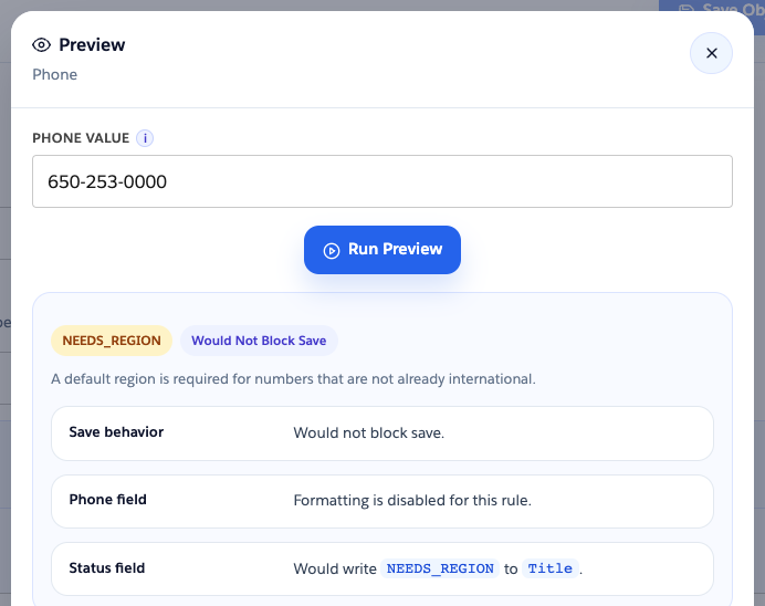 Preview modal showing NEEDS_REGION with save behavior and status field write