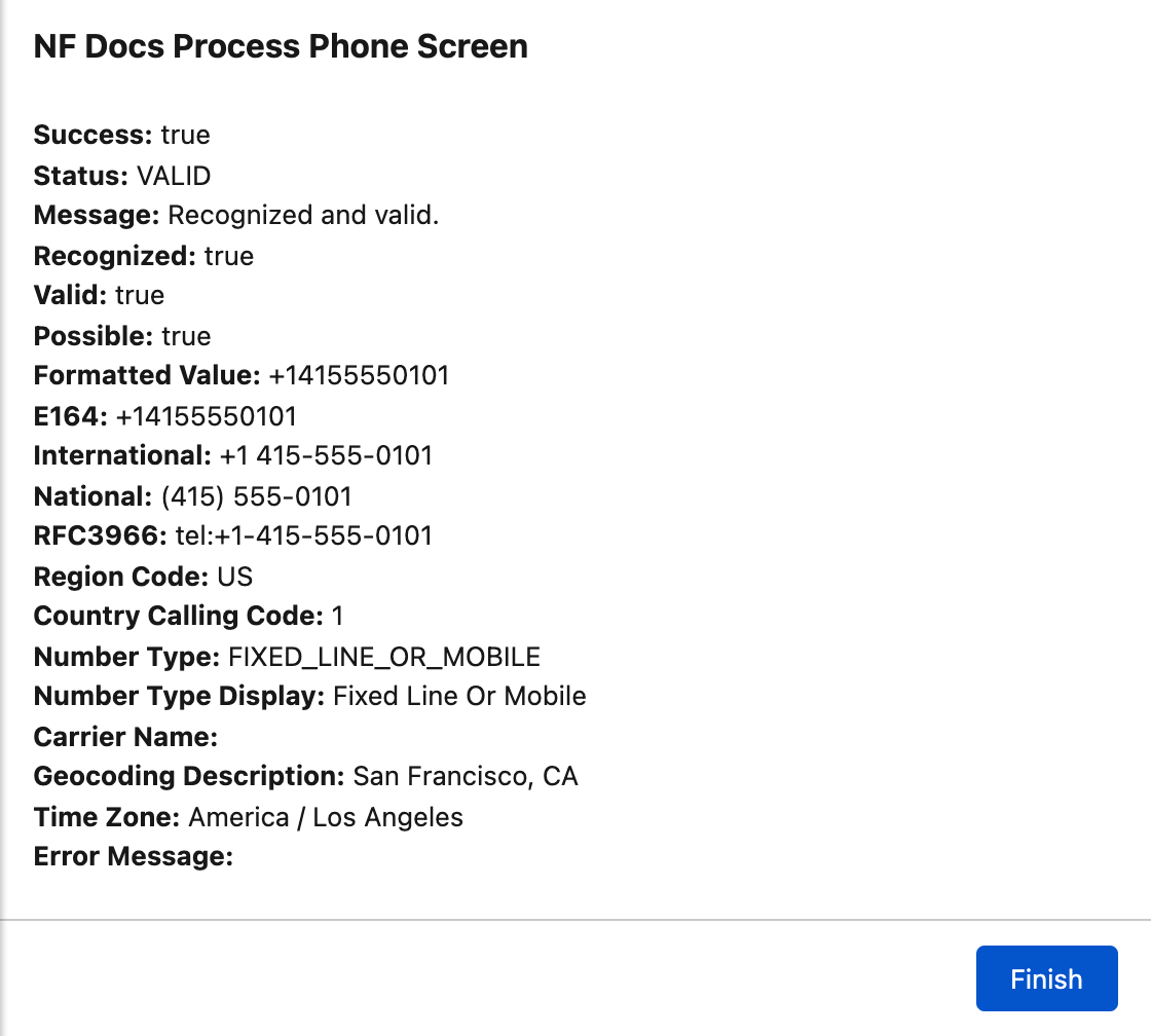 Screen flow showing NF Process Phone output values for a valid US number